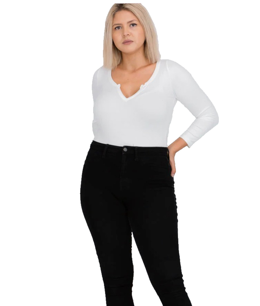 Capella White Long Sleeve V Neck Stretch Bodysuit Womens Solid Basic Layering L